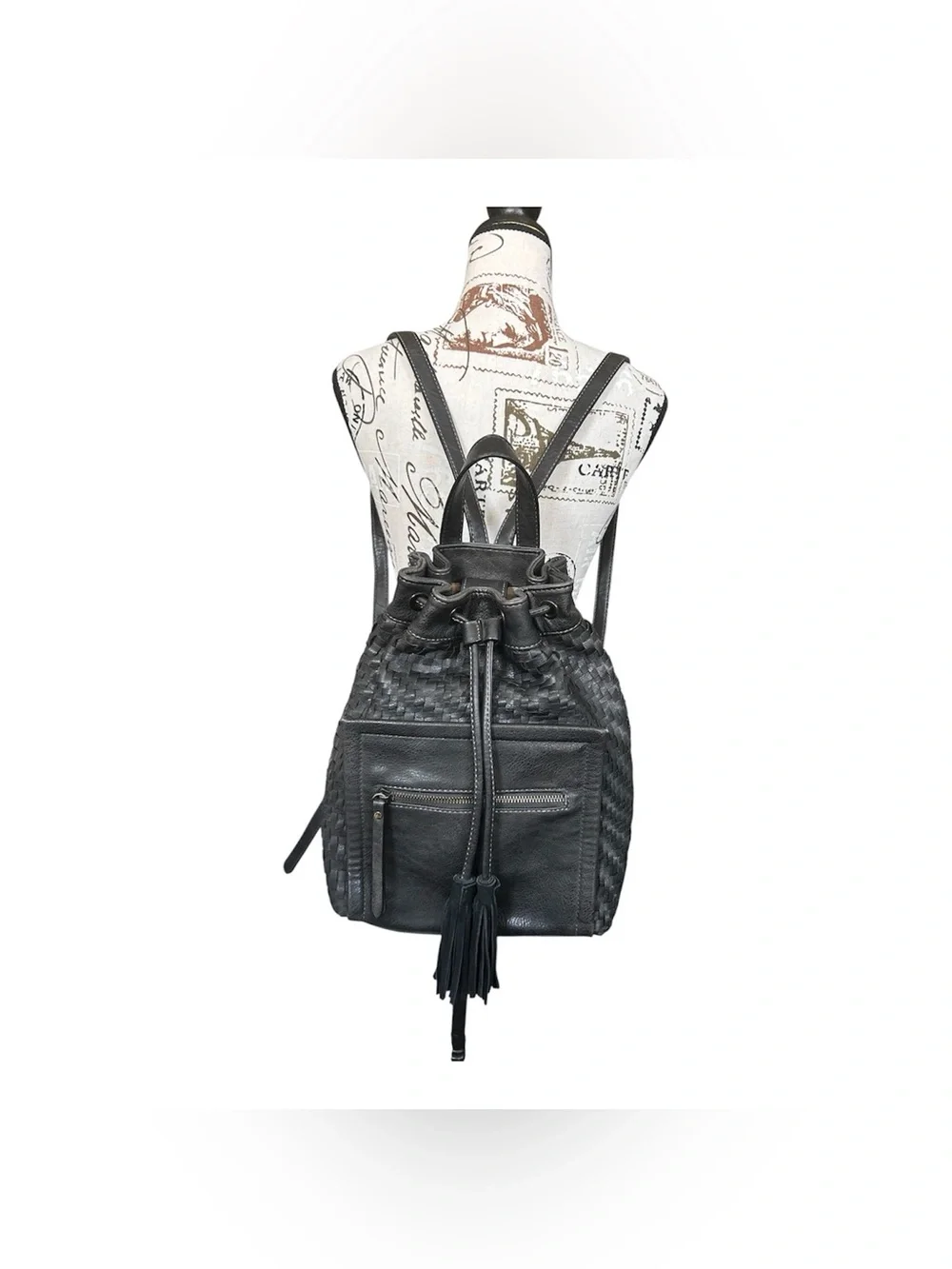 Moda Luxe Black Leather Woven Backpack With Drawstring and Tassles